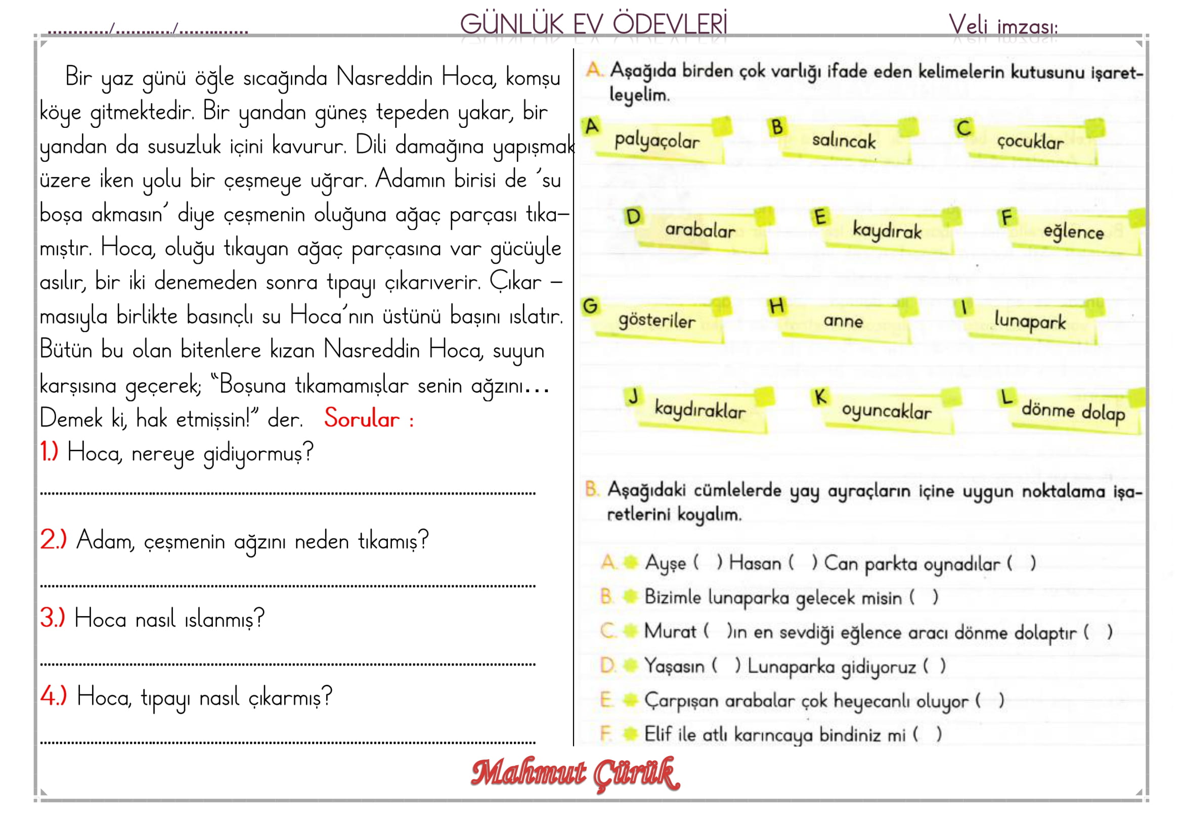 1.Sınıf 13 Haziran 2025 Günlük Ev Ödevi