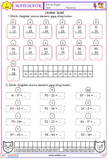 2. Sınıf Matematik Çıkarma İşlemi Etkinliği 1