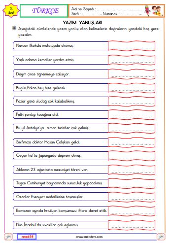 3. Sınıf Türkçe Yazım Yanlışları Etkinliği