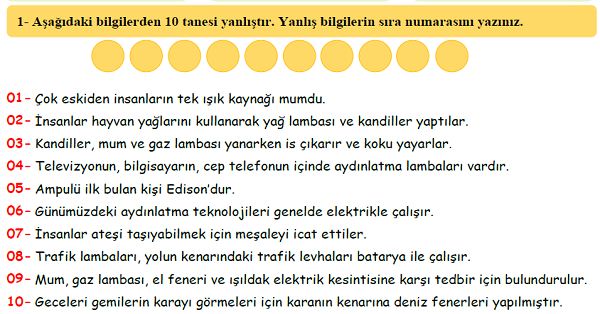 4.Sınıf Fen Bilgisi Aydınlatma ve Ses Teknolojileri Ünitesi Doğru-Yanlış Etkinlikleri