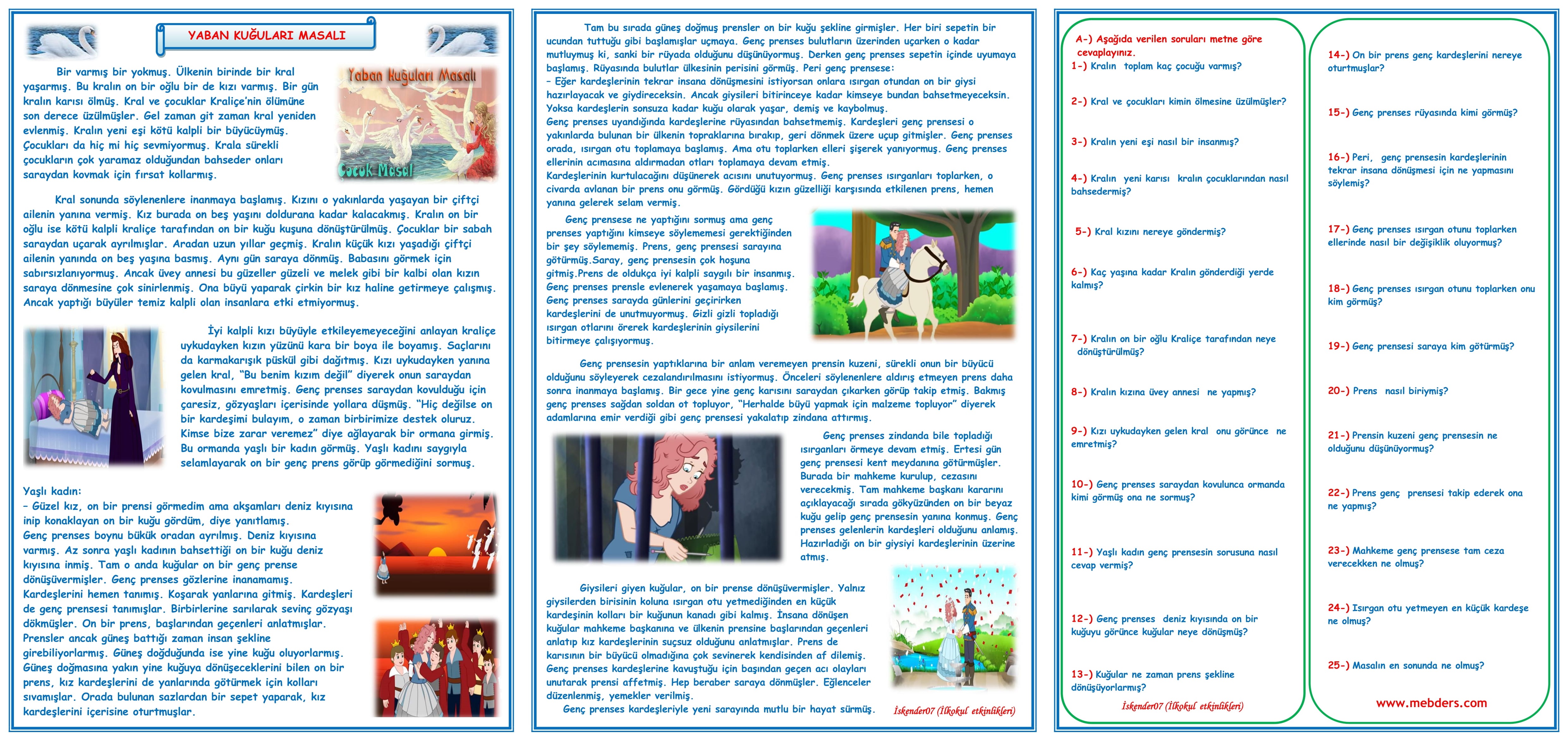 3.Sınıf Türkçe Yaban Kuğuları Masalı Okuma Anlama Çalışması  12   (3 Sayfa)