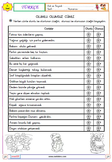 2. Sınıf Türkçe Olumlu ve Olumsuz Cümle Etkinliği