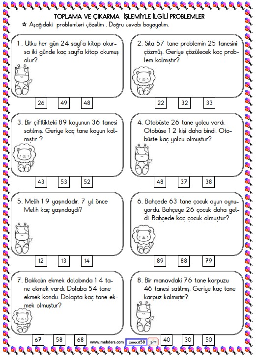 1. Sınıf Matematik Toplama ve Çıkarma İşlemi Problemleri Etkinliği 8