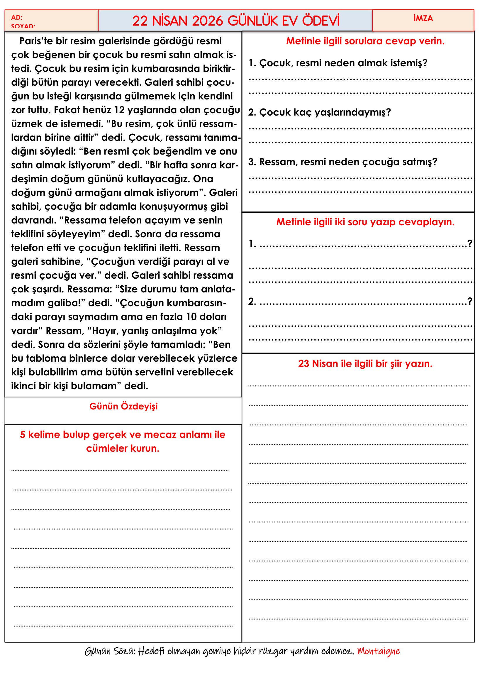 4.Sınıf - 22 Nisan 2026 Günlük Ev Ödevleri
