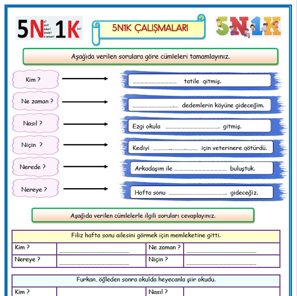 2.Sınıf Türkçe 5N1K Etkinlik Çalışması