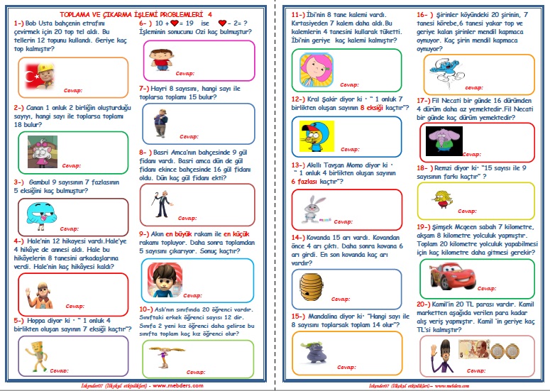 1.Sınıf Matematik Toplama ve Çıkarma İşlemi Problemleri  4   (2 Sayfa - 20 SORU)