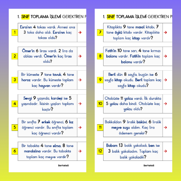 1. Sınıf Matematik - Toplama İşlemi Gerektiren Problemler Etkinliği - 1