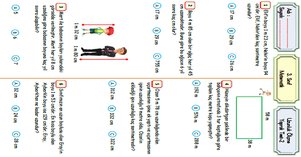 3.Sınıf Matematik Uzunluk Ölçme Yaprak Test-2