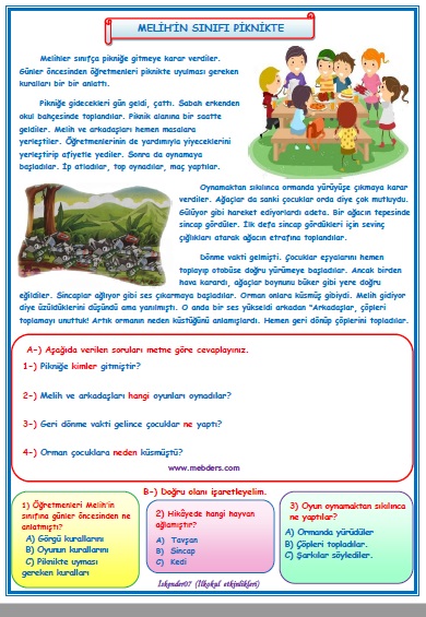 2.Sınıf Türkçe Melih'in Sınıfı Piknikte Okuma Anlama Metin Çalışması  16