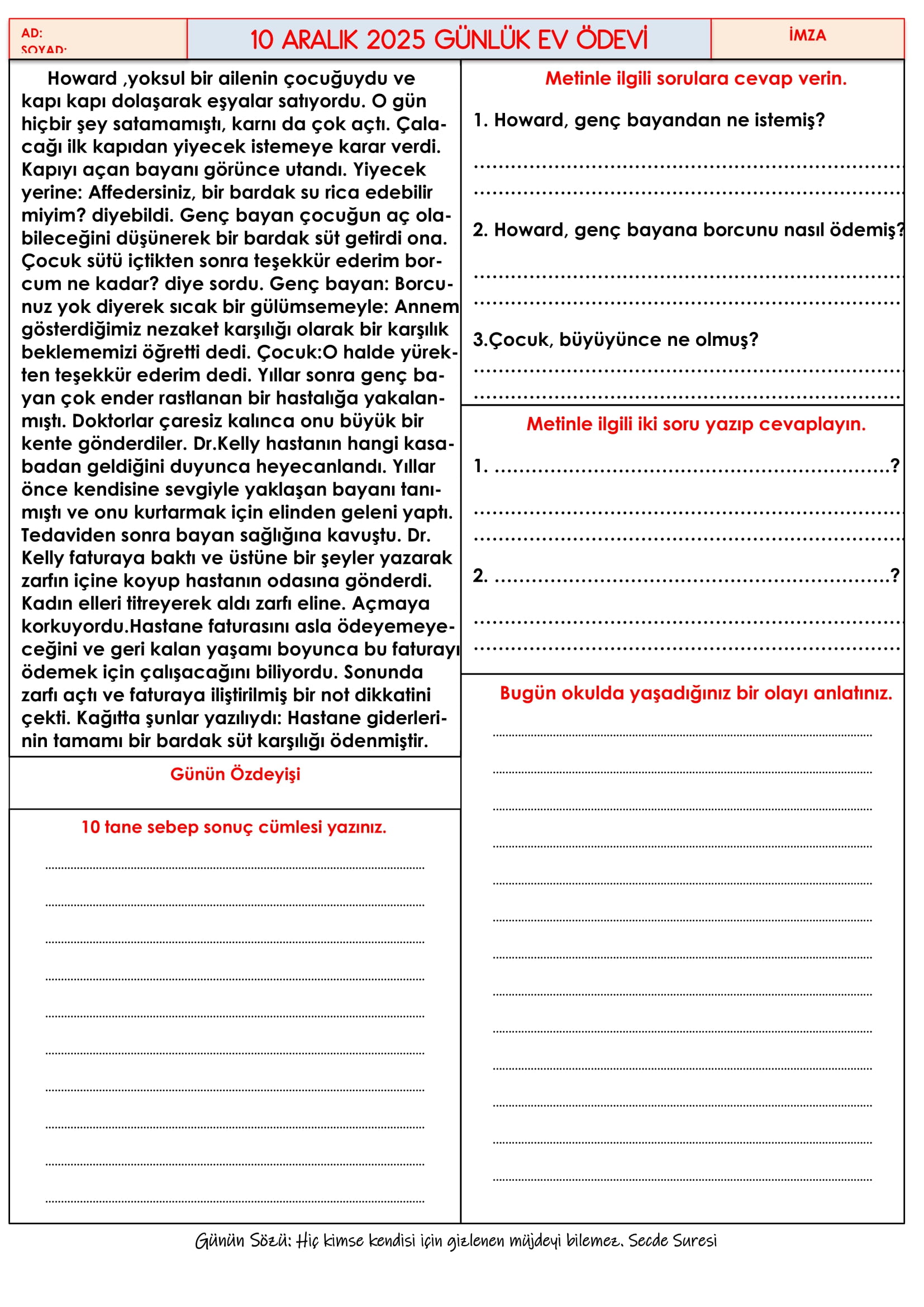 4.Sınıf - 10 Aralık 2025 Günlük Ev Ödevleri