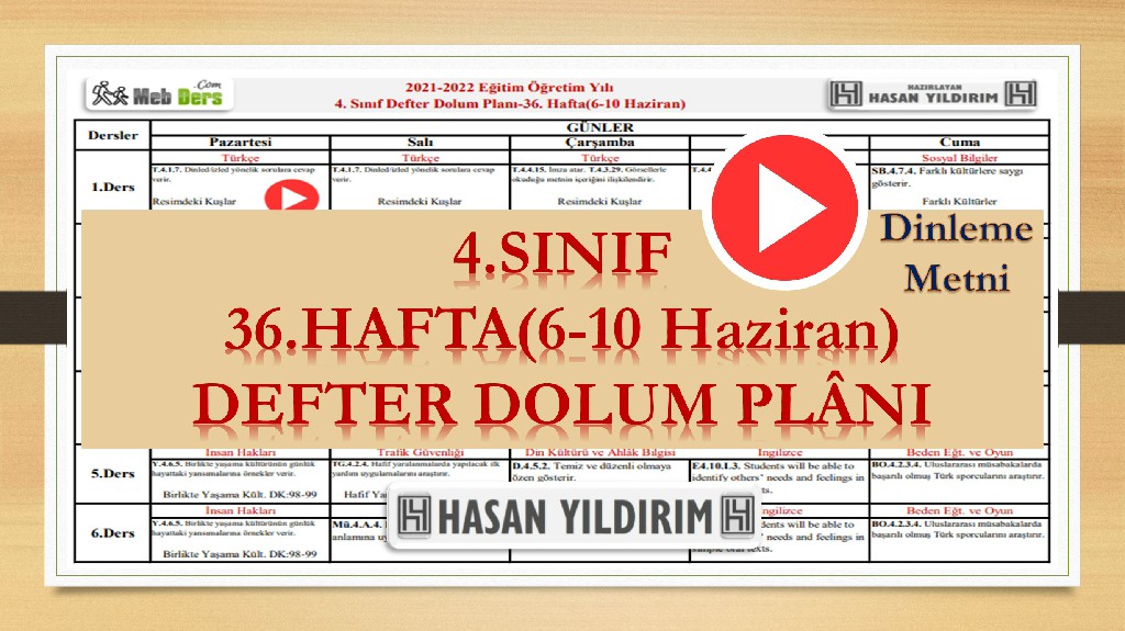 4.Sınıf 36.Hafta(6-10 Haziran) Defter Dolum Planı