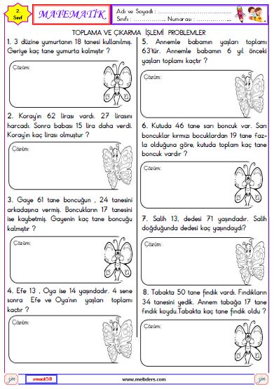 2. Sınıf Matematik Toplama ve Çıkarma İşlemi Problemleri Etkinliği 5