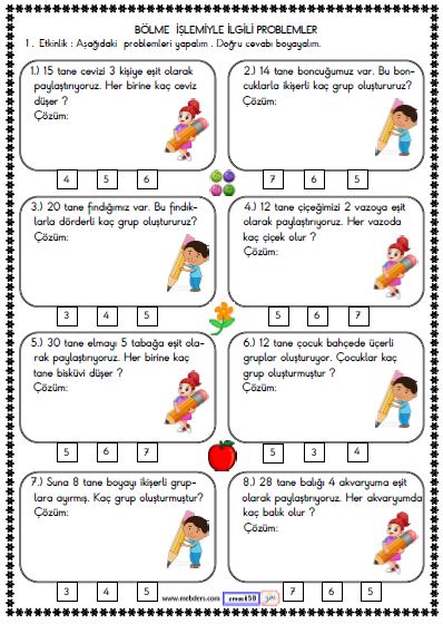 2. Sınıf Matematik Bölme İşlemi Problemler Etkinliği 1