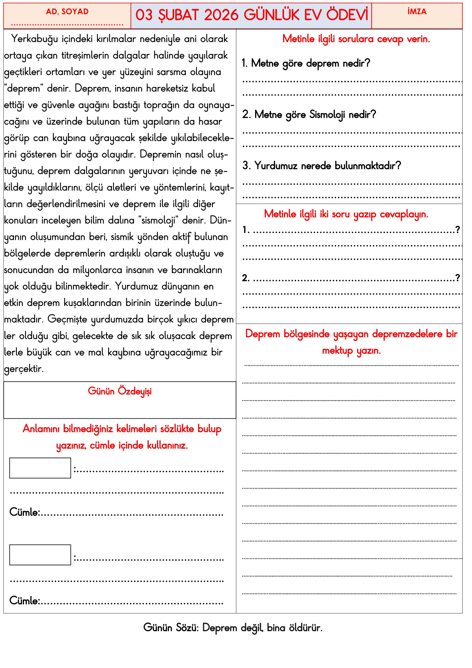 3.Sınıf - 03 Şubat 2026 Günlük Ev Ödevleri