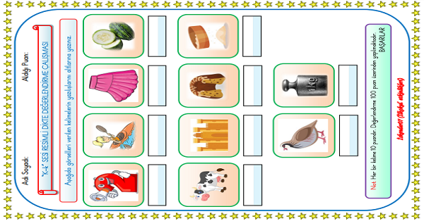 1.Sınıf İlk Okuma Yazma  K-k Sesi Resimli Dikte Sınavı (10 SORU)