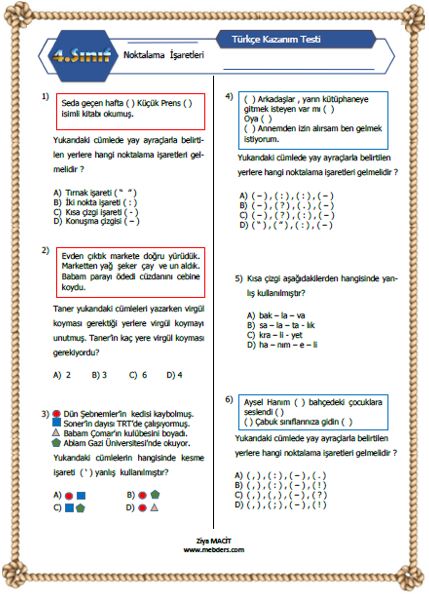 4. Sınıf Türkçe Noktalama İşaretleri Kazanım Testi