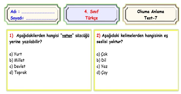 4.Sınıf Türkçe Okuma Anlama Sene Sonu Değerlendirme Testi 7