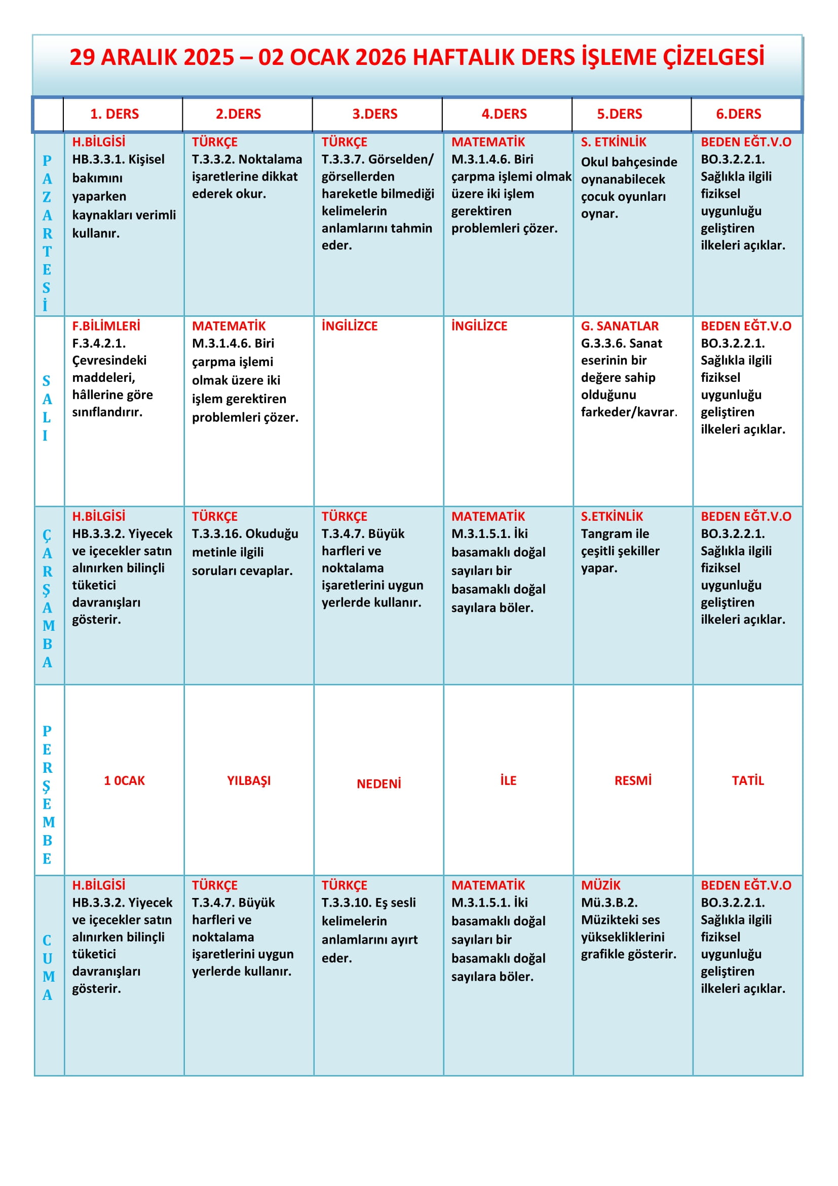 3.Sınıf 29 Aralık 2025 - 02 Ocak 2026 Haftalık Ders İşleme Çizelgesi.doc