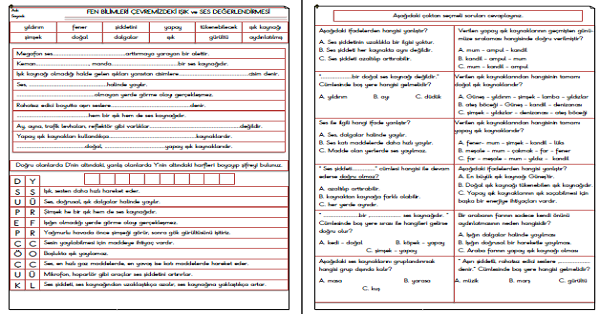 3.Sınıf - Fen Bilimleri Çevremizdeki Işık ve Ses Değerlendirmesi 3