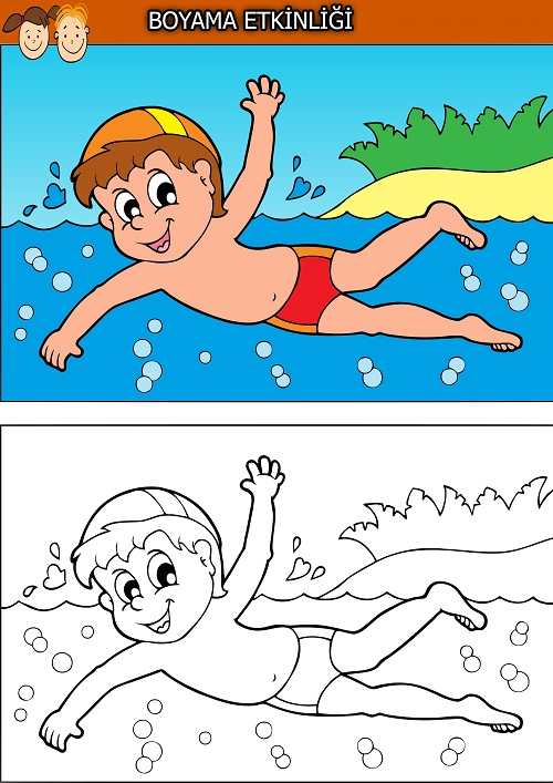 Denizde yüzen çocuk boyama etkinliği