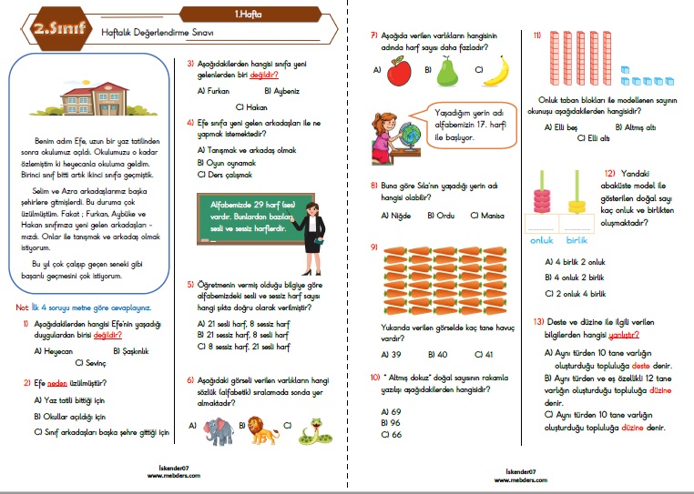 2.Sınıf Haftalık Değerlendirme Testi - 1.Hafta (12-16 Eylül)