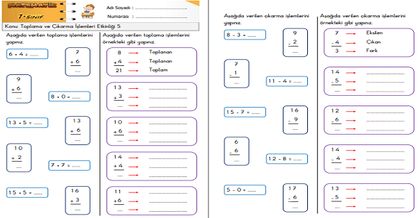 1.Sınıf Matematik Toplama ve Çıkarma İşlemi Etkinliği 5