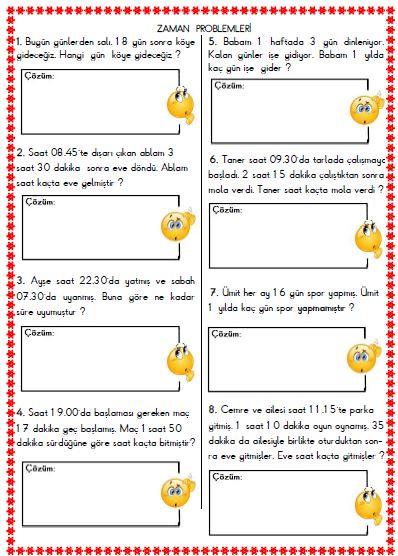 3. Sınıf Matematik Zaman Problemleri Etkinliği 5