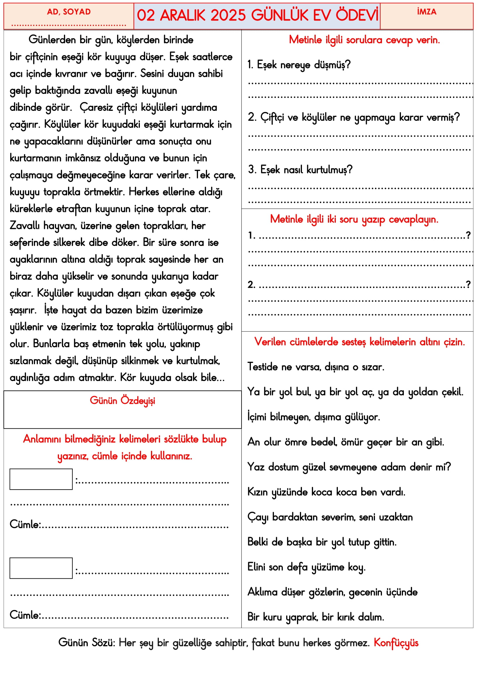 3.Sınıf - 02 Aralık 2025 Günlük Ev Ödevleri