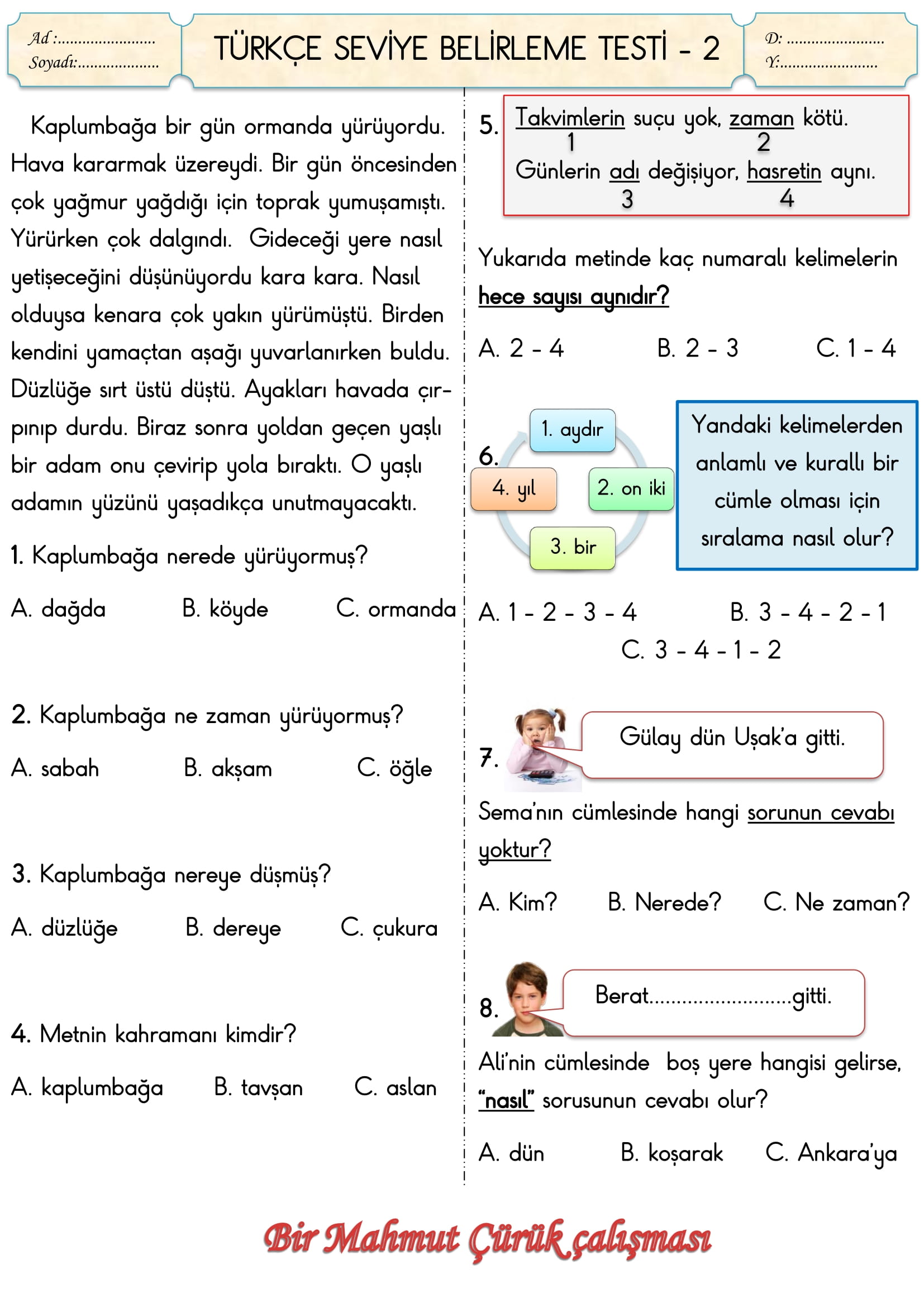 2.Sınıf Türkçe Seviye Belirleme Testi-2