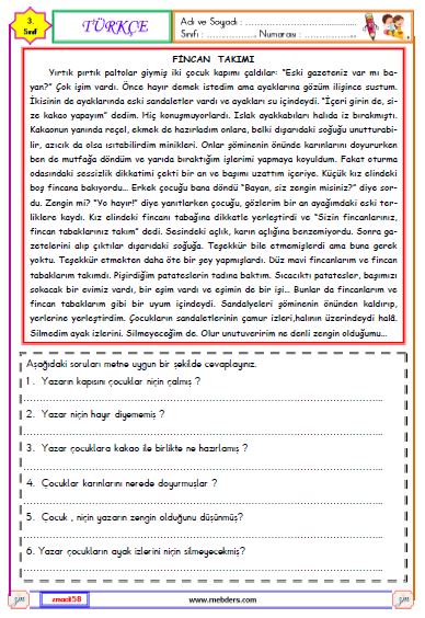 3. Sınıf Türkçe Okuma ve Anlama Metni Etkinliği (Fincan Takımı)