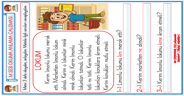 1. Sınıf İlk Okuma Yazma M-m Sesi Okuma Anlama Çalışması