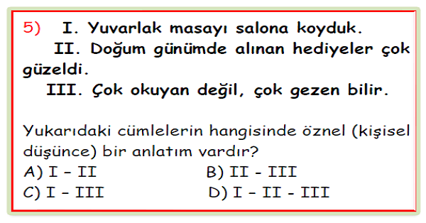 4.Sınıf Türkçe Öznel-Nesnel İfadeler Test