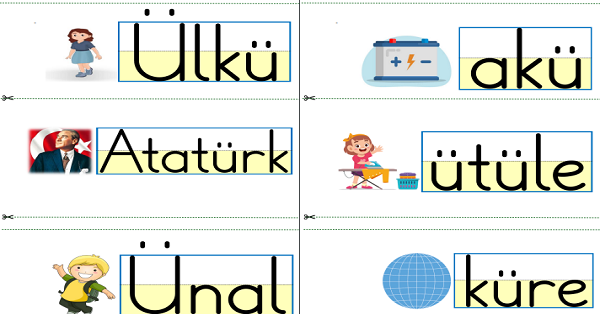 1. Sınıf İlk Okuma Yazma Ü Sesi İpe Asılacak Hece Kelime Fiş Çalışması