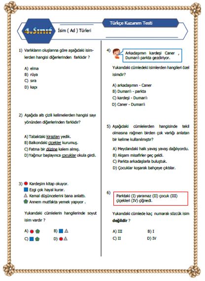 4. Sınıf Türkçe İsim ( Ad ) Türleri Kazanım Testi