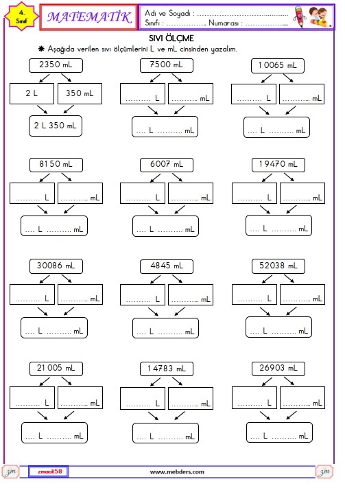 4. Sınıf Matematik Sıvı Ölçme Etkinliği 8