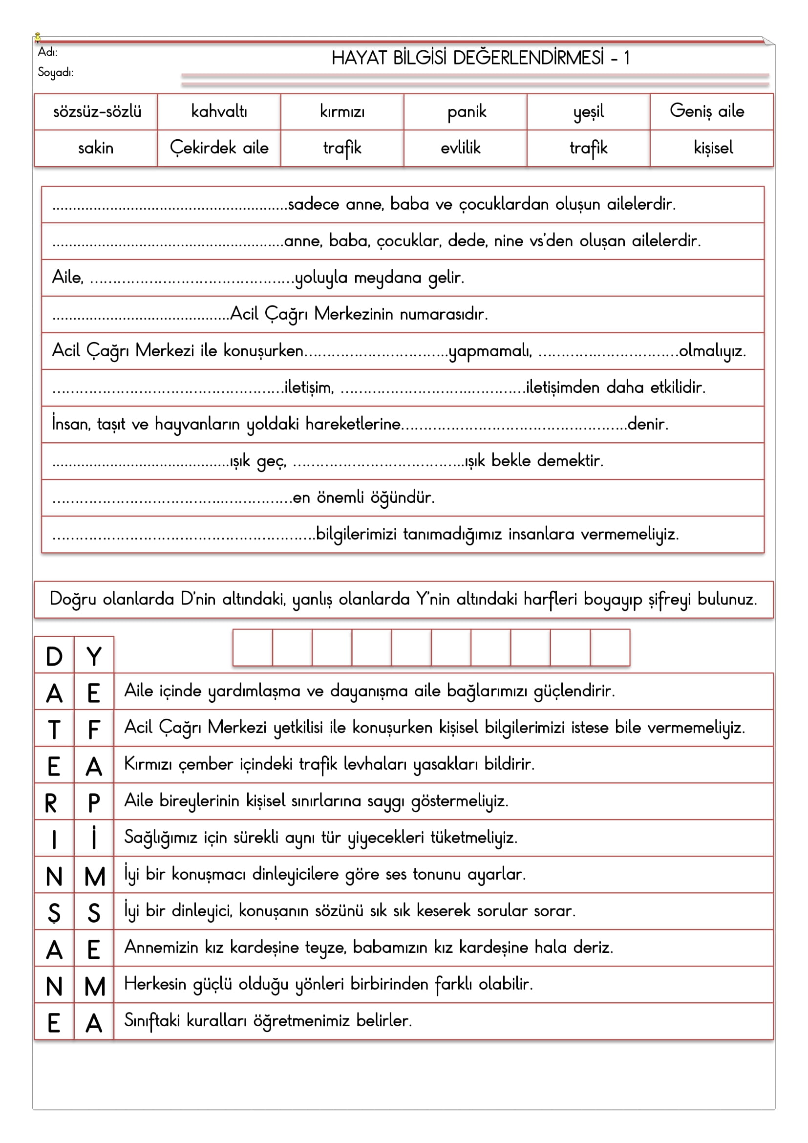 2.Sınıf - Hayat Bilgisi Değerlendirmesi-1