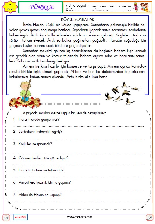 2. Sınıf Türkçe Okuma ve Anlama Metni Etkinliği ( Köyde Sonbahar )