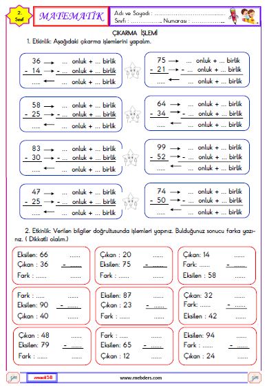 2. Sınıf Onluk Bozmadan Çıkarma İşlemi Etkinliği 1