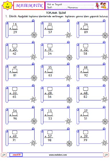 2. Sınıf Matematik Verilmeyen Toplananı Bulma Etkinliği 5