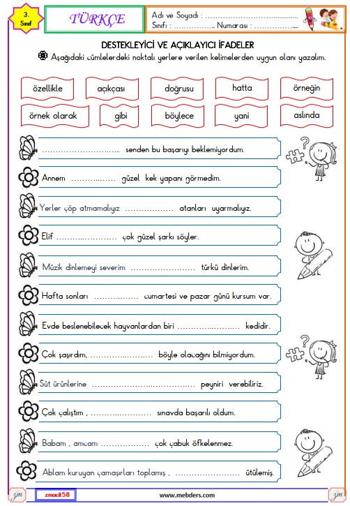 3. Sınıf Türkçe Destekleyici ve Açıklayıcı İfadeler Etkinliği