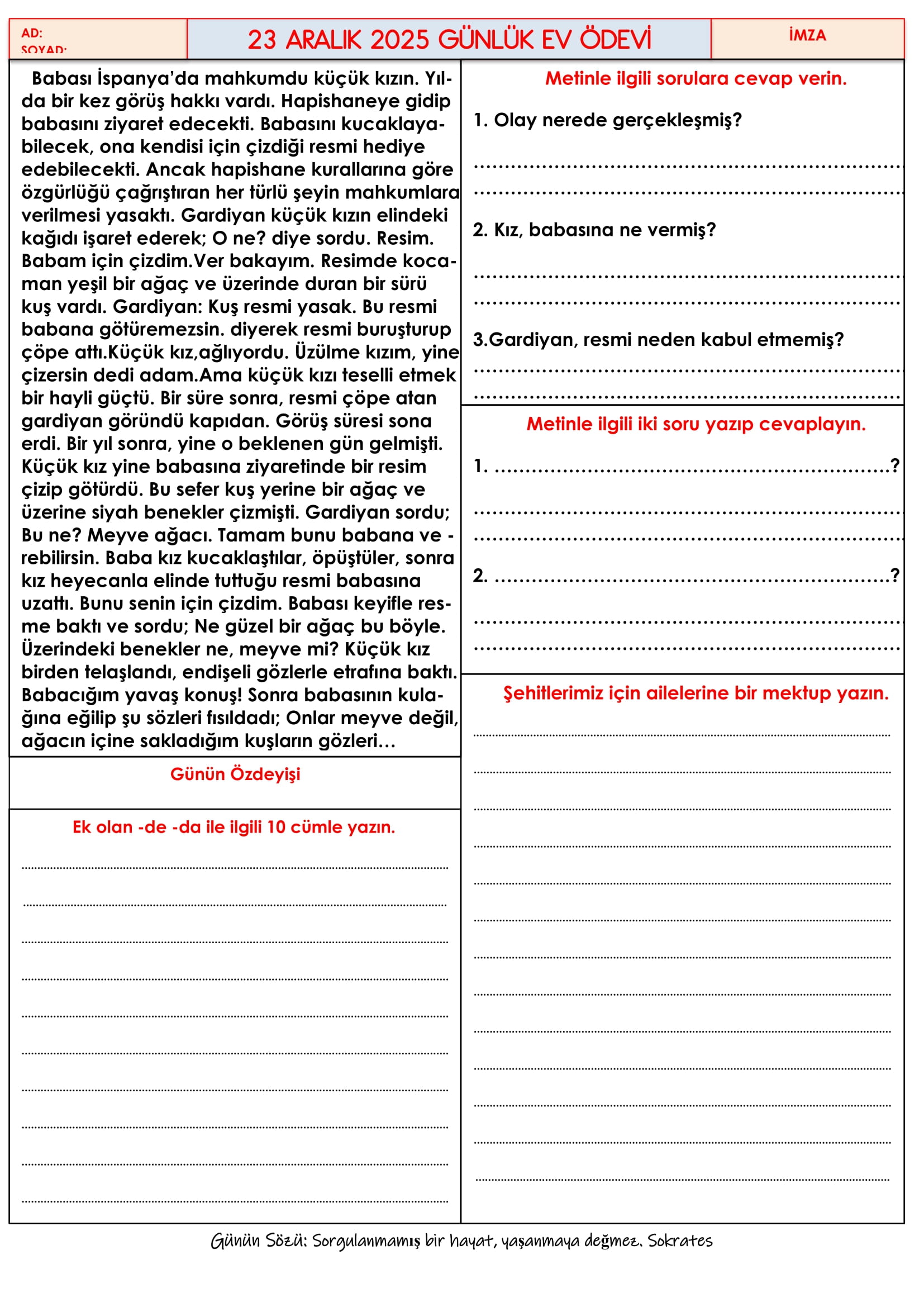 4.Sınıf - 23 Aralık 2025 Günlük Ev Ödevleri