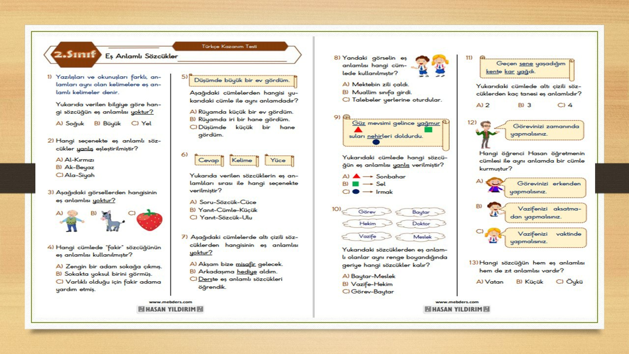 2.Sınıf Türkçe Eş Anlamlı Sözcükler Testi