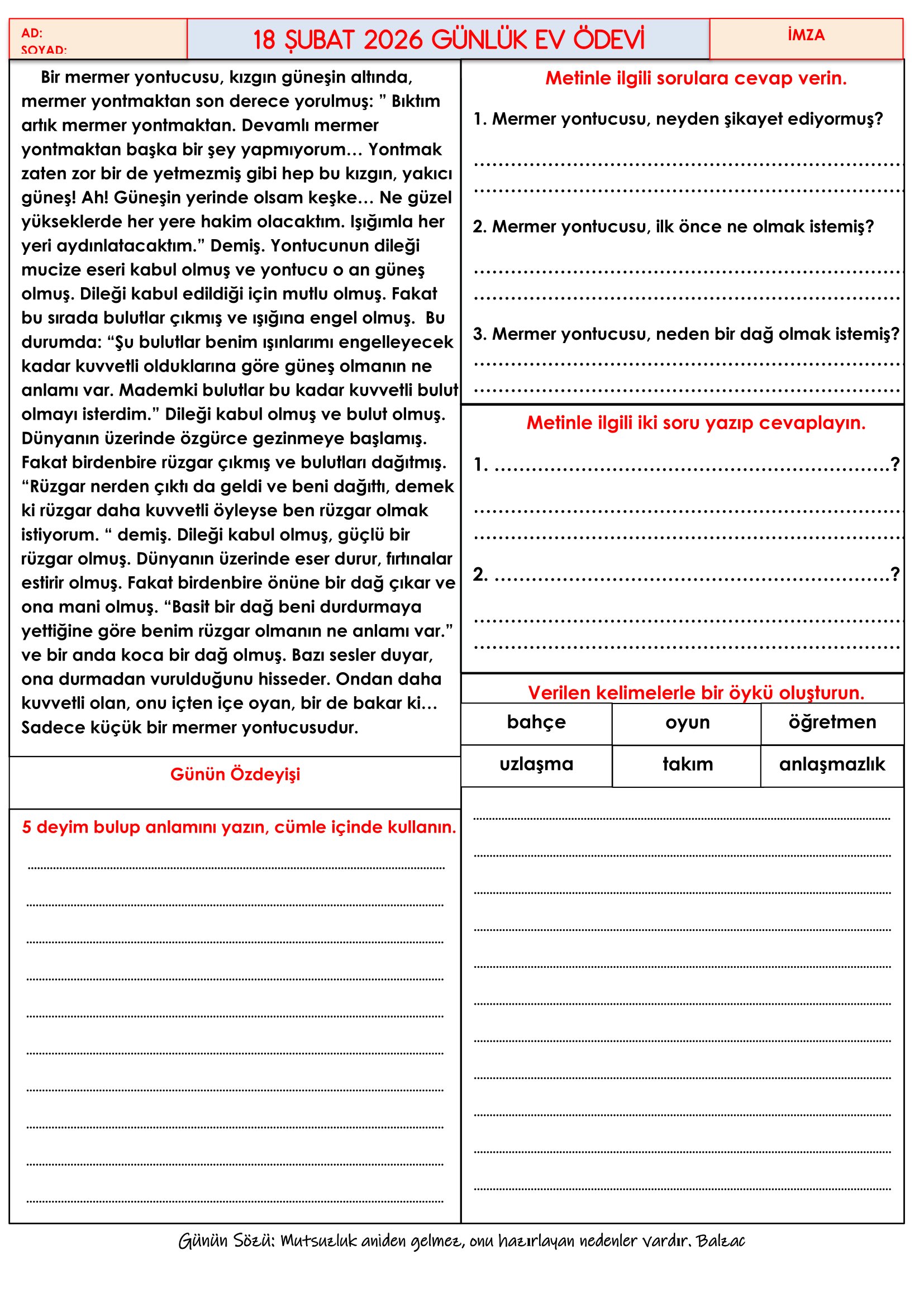 4.Sınıf - 18 Şubat 2026 Günlük Ev Ödevleri