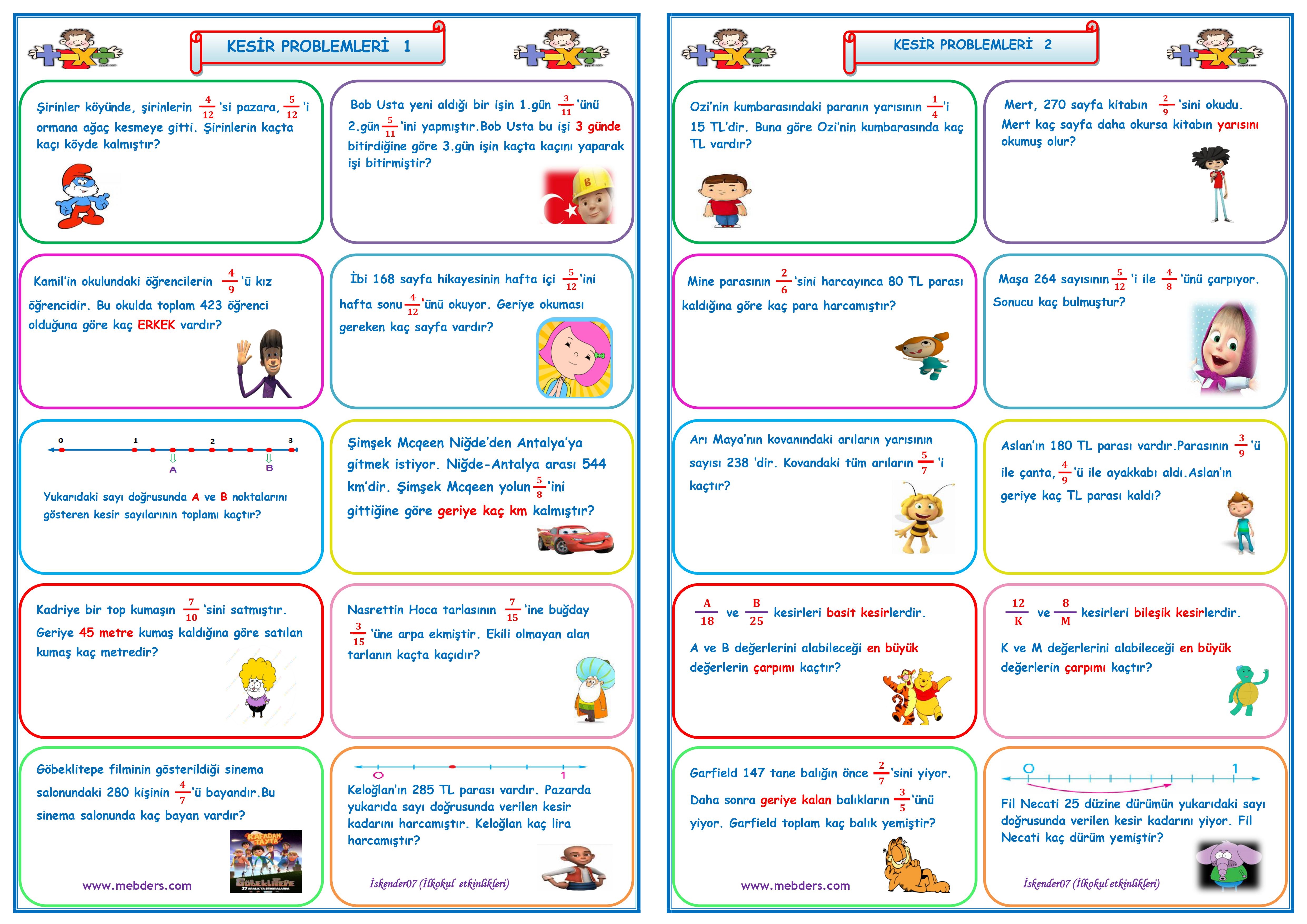 4.Sınıf Matematik Kesir Problemleri 1-2  (20 Soru)