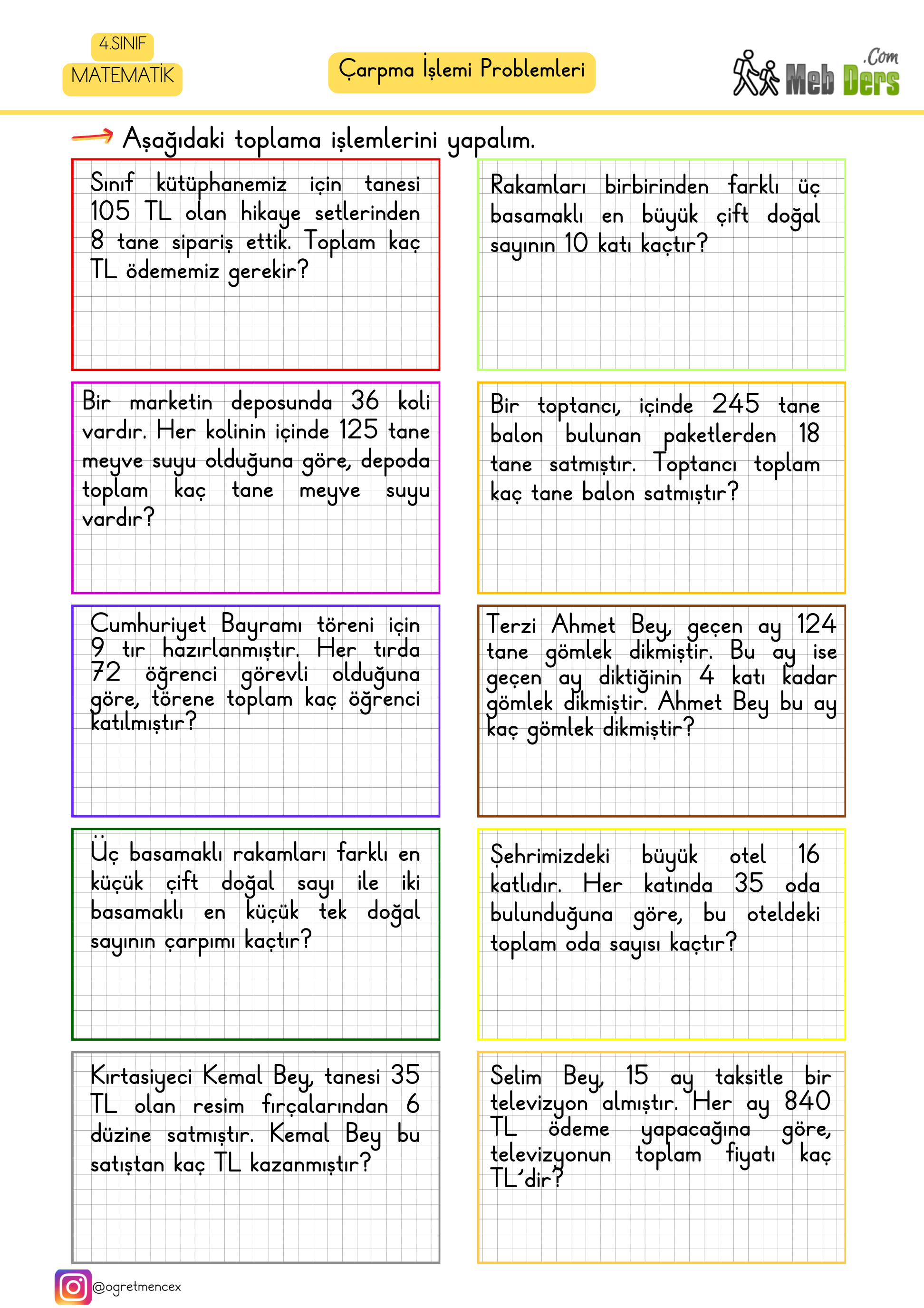 4. Sınıf Matematik Çarpma İşlemi Problemleri