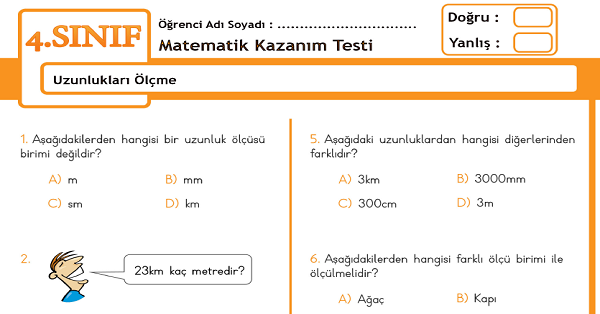 4.Sınıf Matematik Uzunlukları Ölçme Kazanım Testi