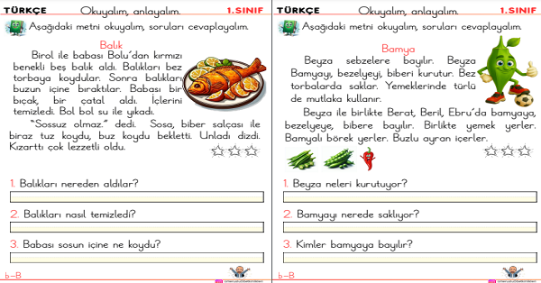 1. Sınıf İlk Okuma Yazma  B-b Sesi Okuma Anlama Etkinliği (3 Sayfa)