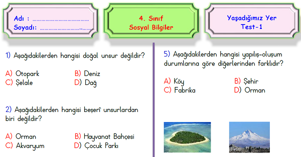 4.Sınıf Sosyal Bilgiler Yaşadığımız Yer Ünite Testi (50 Soru)