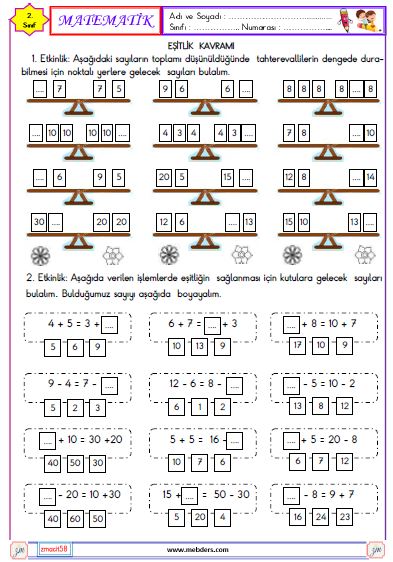 2. Sınıf Matematik Eşitlik Kavramı Etkinliği 2