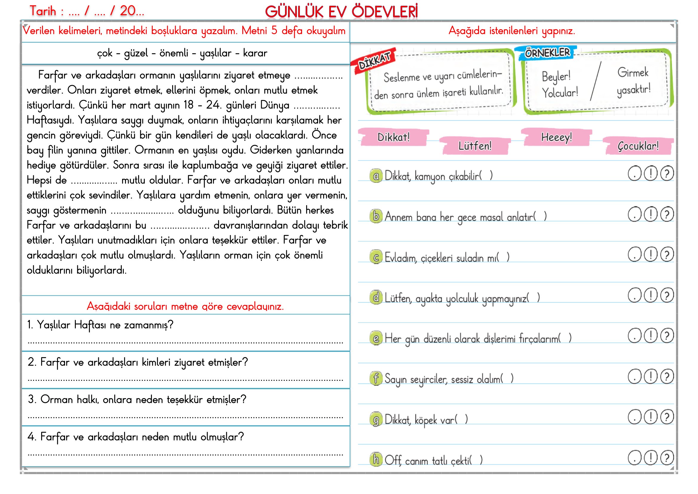 2.Sınıf - 26 Mart 2026 Günlük Ev Ödevleri